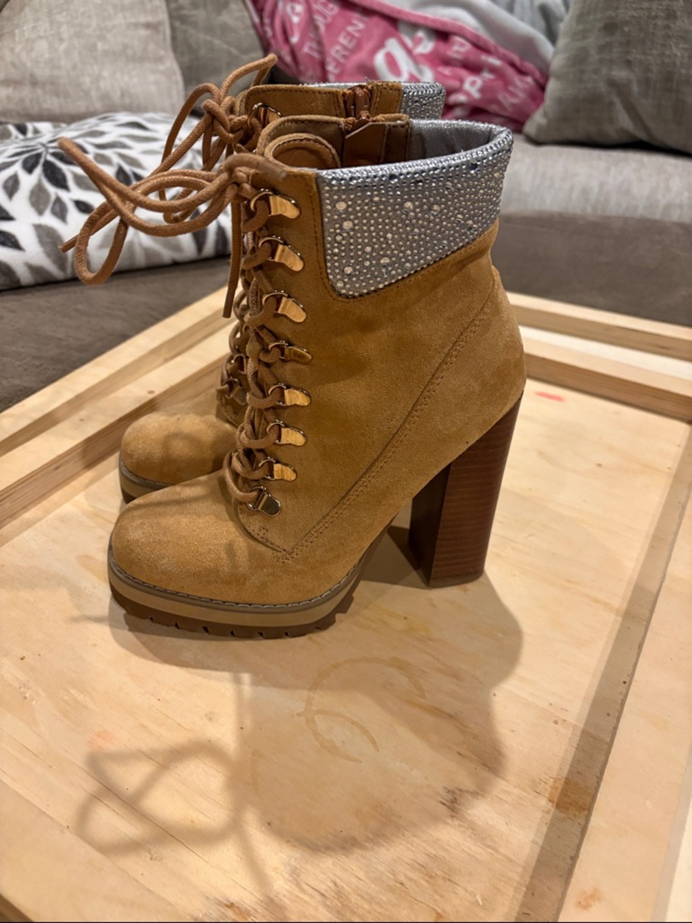 Madden Girl Tan Suede Lace-Up Block Heel Ankle Boots with Silver Collar